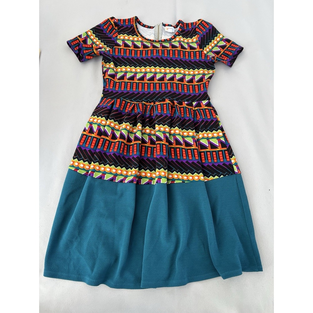 LuLaRoe Amelia Dress Sz Medium Geometric Fit Flare Short Sleeve Zipper Back